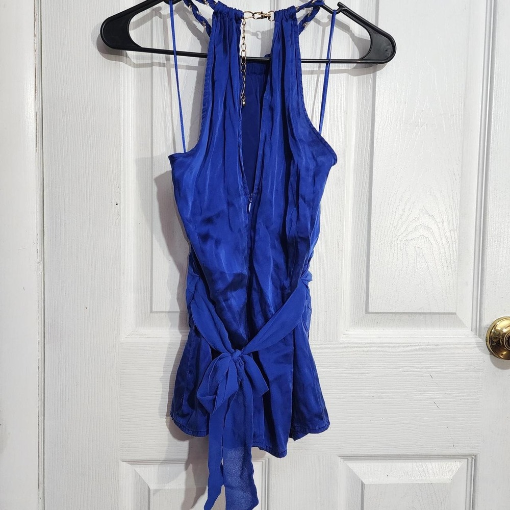 Y2K Blue Silk Ruffle Halter Top - Picture 3 of 6